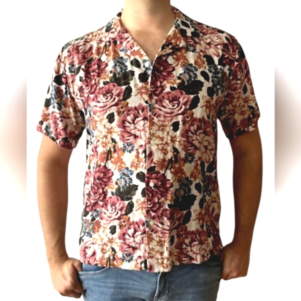 Nwot Abercrombie&Fitch Summer Linen Blend Burgundy,Blue,Gold,Rust Floral Shirt